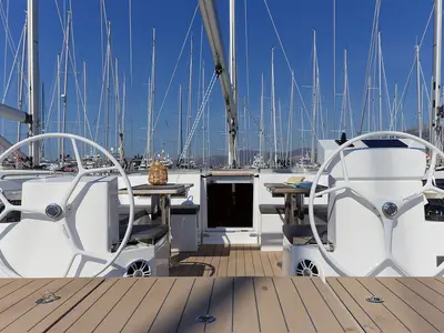 Cockpit of Mathilda, a Bavaria C50 Style sailboat at Grad Kaštela, Croatia