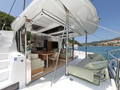 Salon of Chèrie, a Bali 4.2 catamaran at Dubrovnik, Croatia