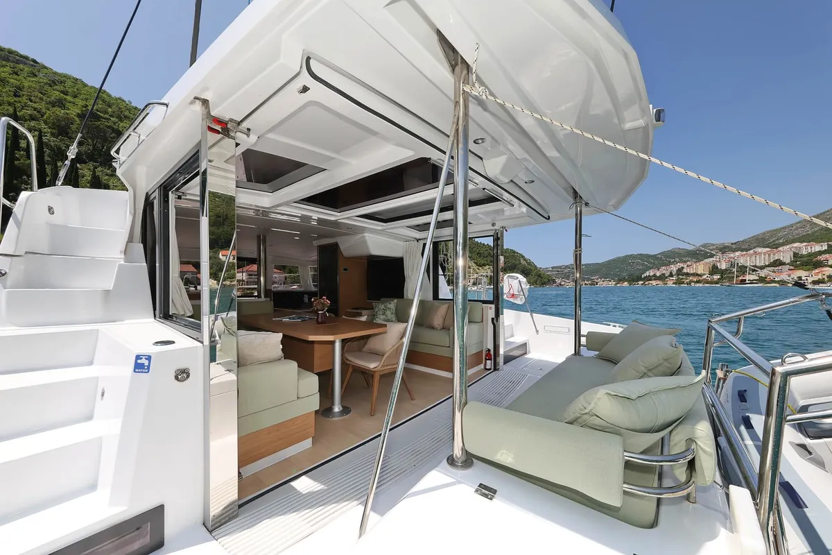 Salon of Chèrie, a Bali 4.2 catamaran at Dubrovnik, Croatia
