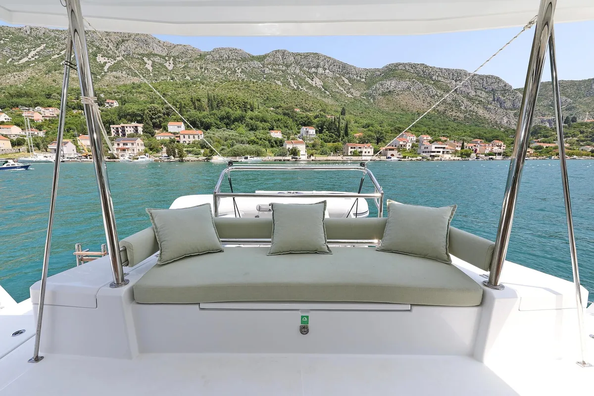 Deck of Chèrie, a Bali 4.2 catamaran at Dubrovnik, Croatia