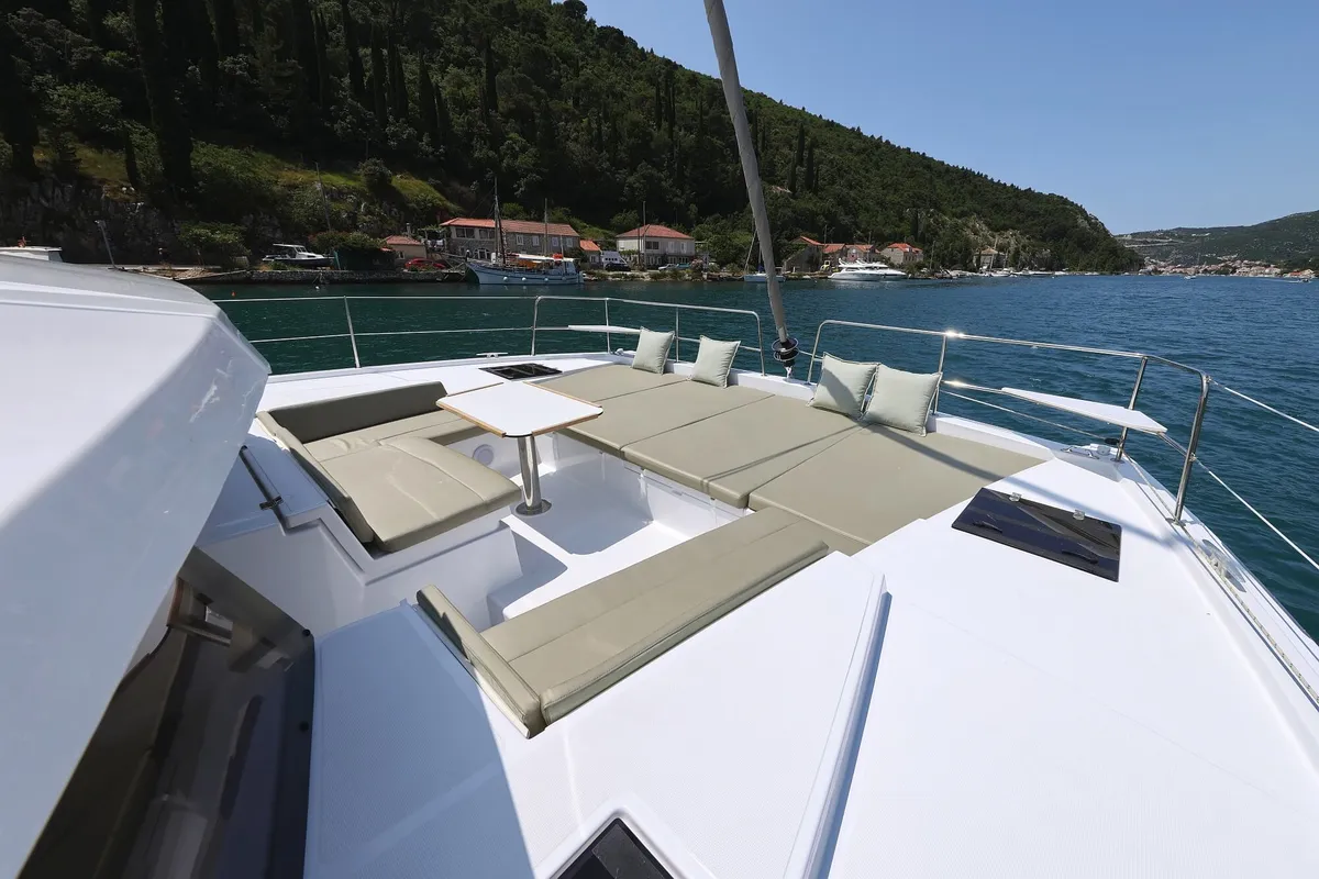 Deck of Chèrie, a Bali 4.2 catamaran at Dubrovnik, Croatia