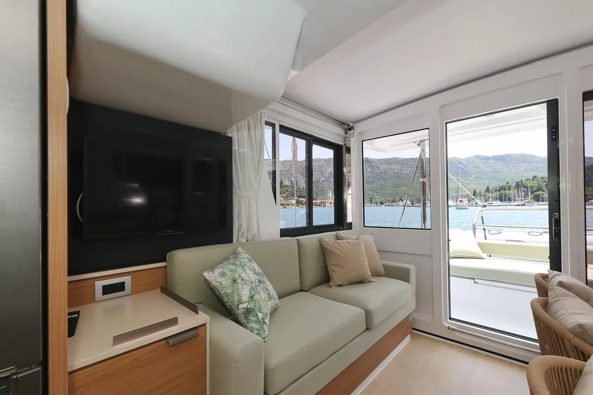 Salon of Chèrie, a Bali 4.2 catamaran at Dubrovnik, Croatia