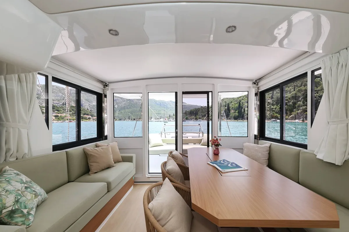 Salon of Chèrie, a Bali 4.2 catamaran at Dubrovnik, Croatia