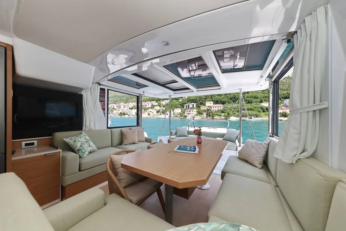 Salon of Chèrie, a Bali 4.2 catamaran at Dubrovnik, Croatia