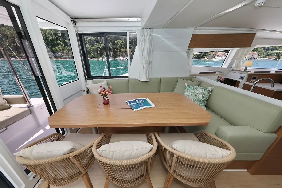 Salon of Chèrie, a Bali 4.2 catamaran at Dubrovnik, Croatia