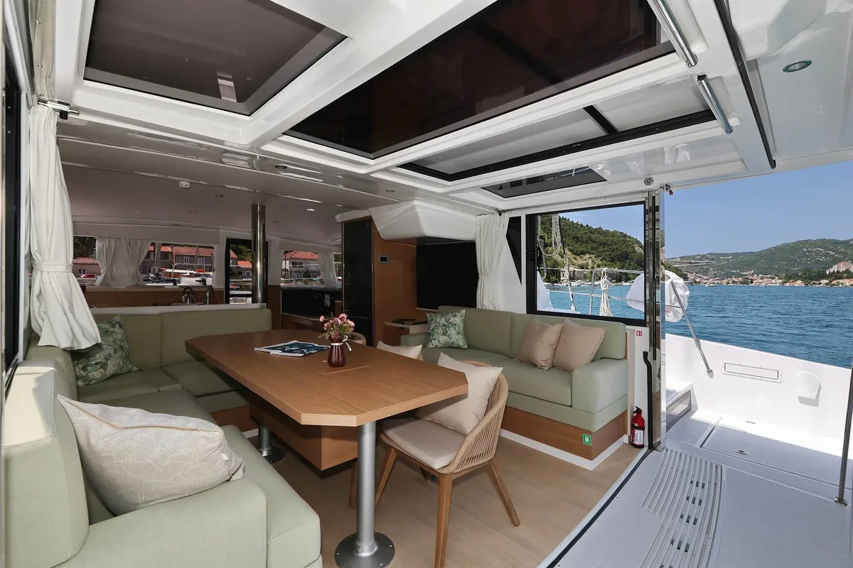 Salon of Chèrie, a Bali 4.2 catamaran at Dubrovnik, Croatia
