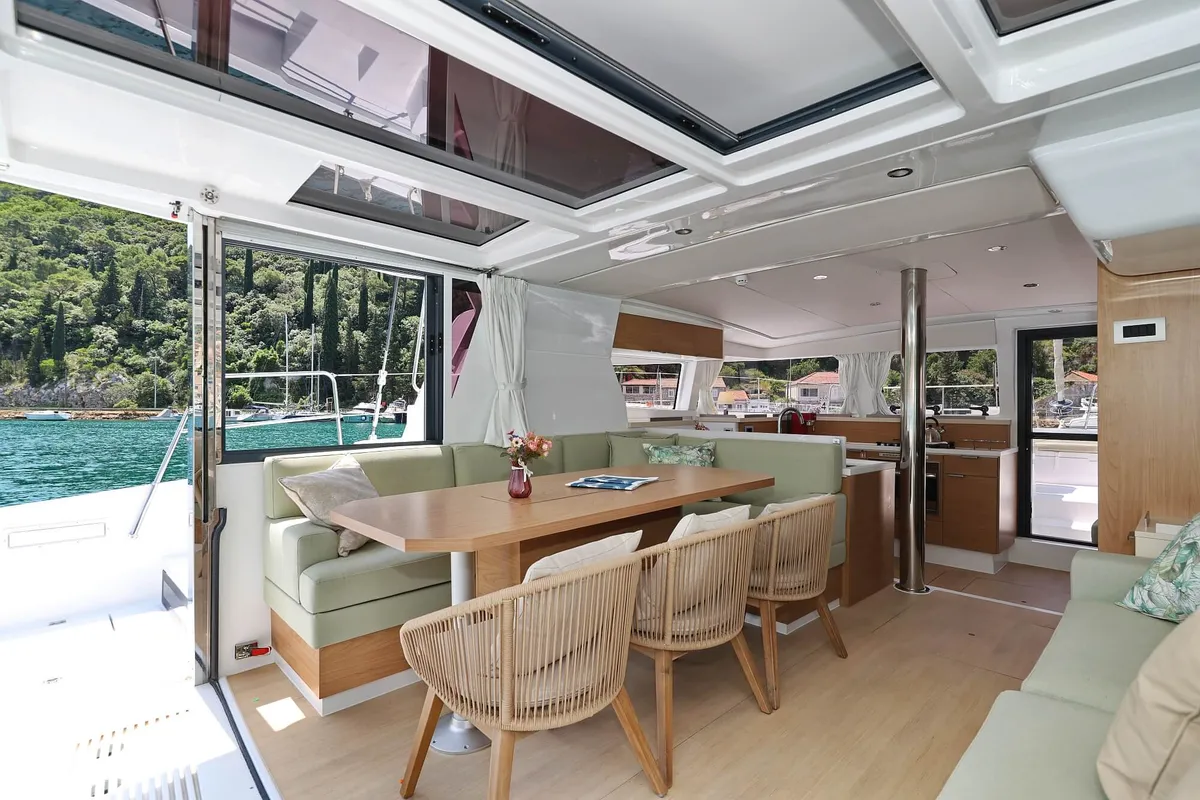 Salon of Chèrie, a Bali 4.2 catamaran at Dubrovnik, Croatia