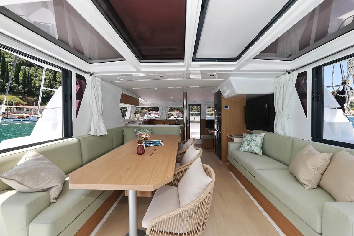 Salon of Chèrie, a Bali 4.2 catamaran at Dubrovnik, Croatia