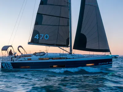 Exterior view of Ninna Nanna, a Dufour 470 sailboat at Cannigione, Italy