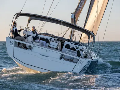 Exterior view of Ninna Nanna, a Dufour 470 sailboat at Cannigione, Italy