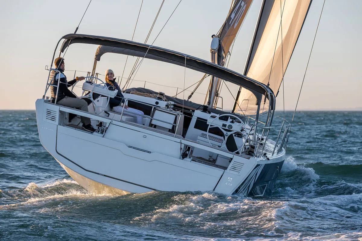 Exterior view of Ninna Nanna, a Dufour 470 sailboat at Cannigione, Italy