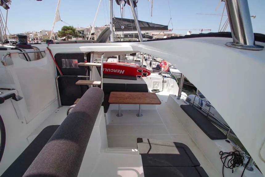 Deck of DayElli, a Lagoon 42 catamaran at Felanitx, Spain