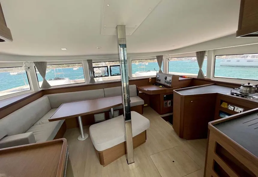 Salon of DayElli, a Lagoon 42 catamaran at Felanitx, Spain