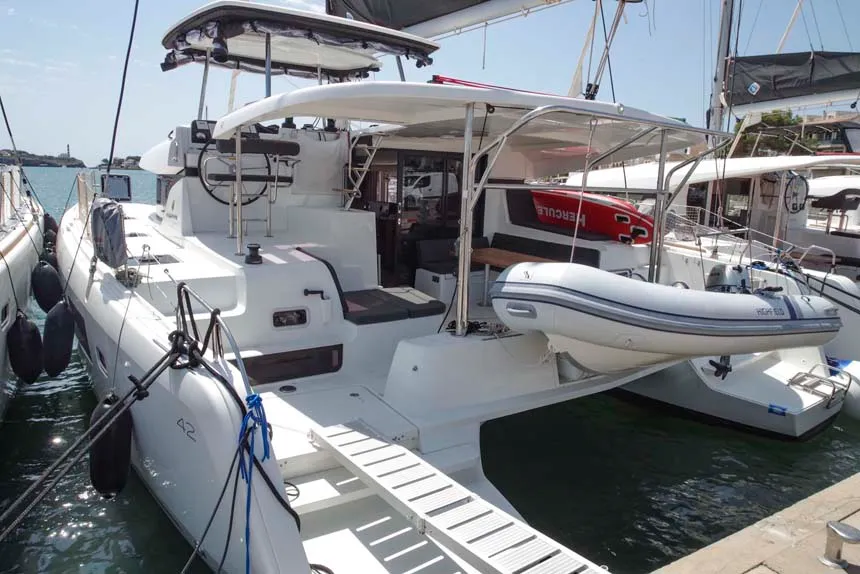 Exterior view of DayElli, a Lagoon 42 catamaran at Felanitx, Spain