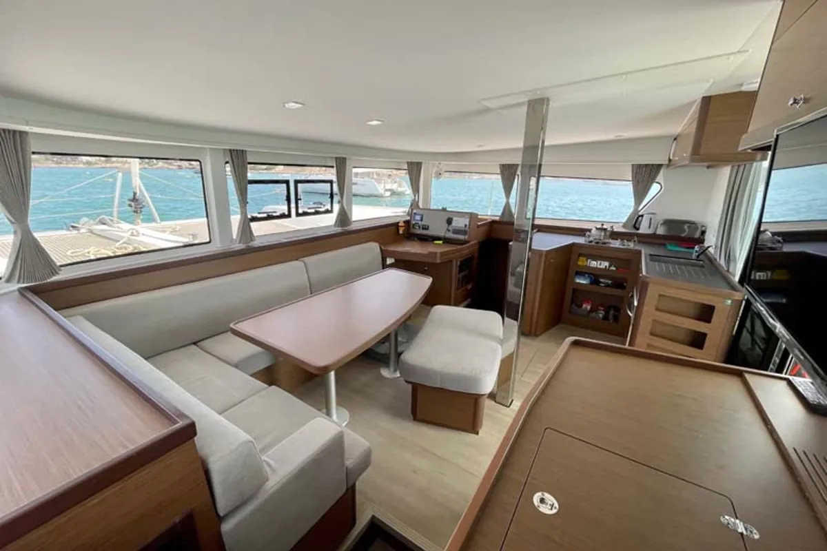Salon of DayElli, a Lagoon 42 catamaran at Felanitx, Spain