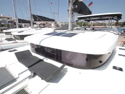 Deck of DayElli, a Lagoon 42 catamaran at Felanitx, Spain