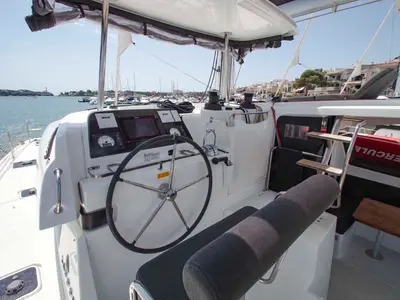 Cockpit of DayElli, a Lagoon 42 catamaran at Felanitx, Spain