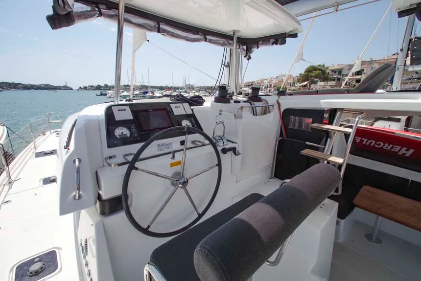 Cockpit of DayElli, a Lagoon 42 catamaran at Felanitx, Spain