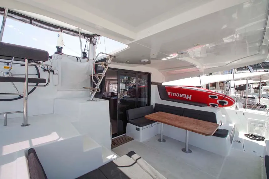 Deck of DayElli, a Lagoon 42 catamaran at Felanitx, Spain