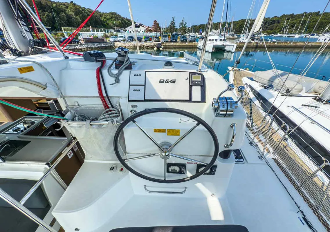 Cockpit of Blue, a Lagoon 40 catamaran at Grad Pula, Croatia