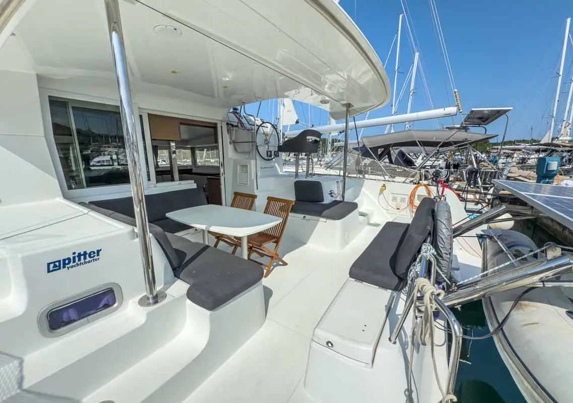 Deck of Blue, a Lagoon 40 catamaran at Grad Pula, Croatia