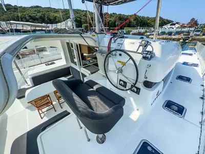 Cockpit of Blue, a Lagoon 40 catamaran at Grad Pula, Croatia