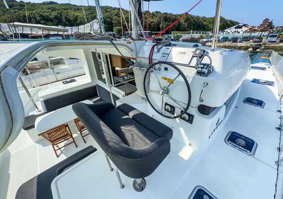 Cockpit of Blue, a Lagoon 40 catamaran at Grad Pula, Croatia