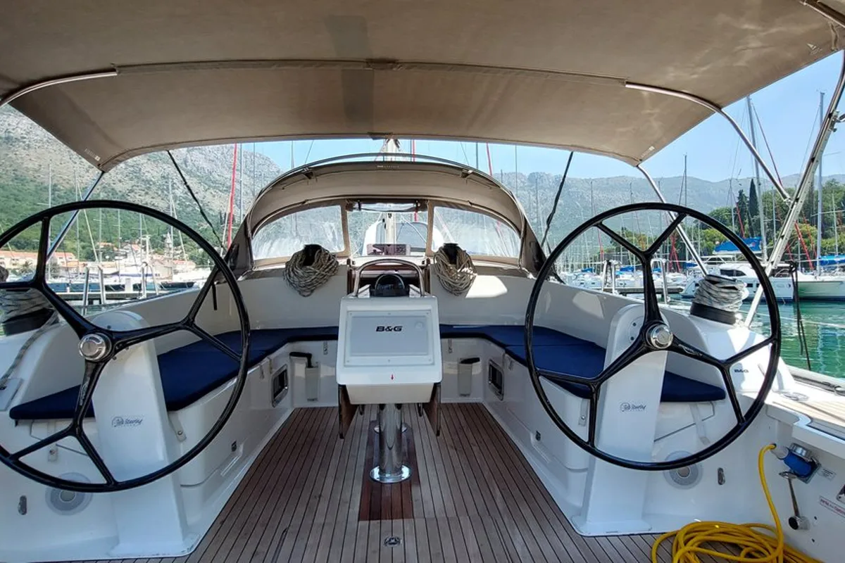 Cockpit of Sunny Point, a Bavaria Cruiser 46 sailboat at Dubrovnik, Croatia
