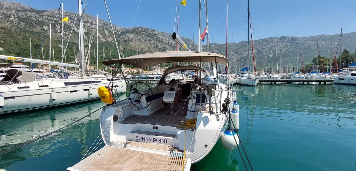 Exterior view of Sunny Point, a Bavaria Cruiser 46 sailboat at Dubrovnik, Croatia
