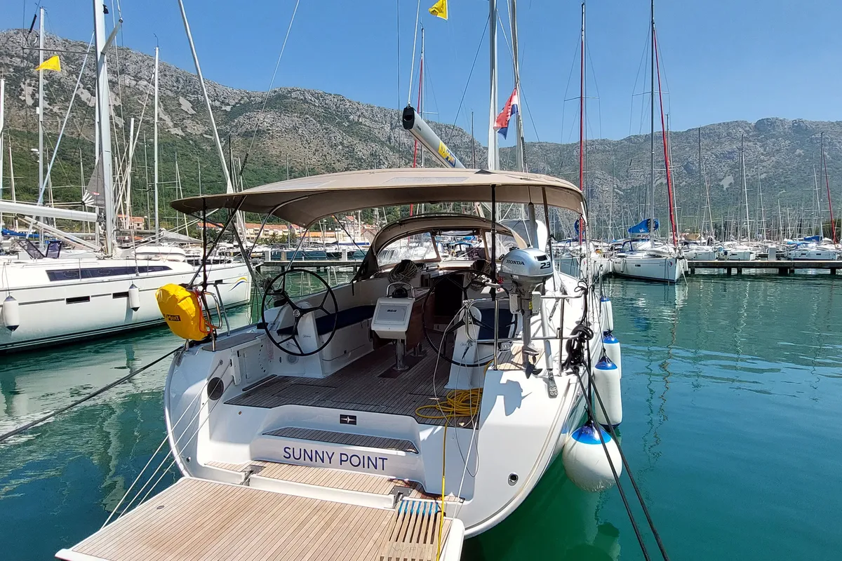 Exterior view of Sunny Point, a Bavaria Cruiser 46 sailboat at Dubrovnik, Croatia
