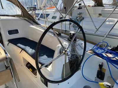 Cockpit of Blue Dreams, a Jeanneau Sun Odyssey 349 sailboat at Fethiye, Turkey