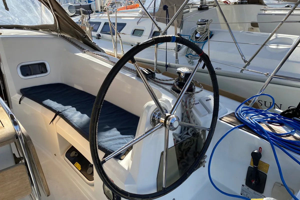 Cockpit of Blue Dreams, a Jeanneau Sun Odyssey 349 sailboat at Fethiye, Turkey