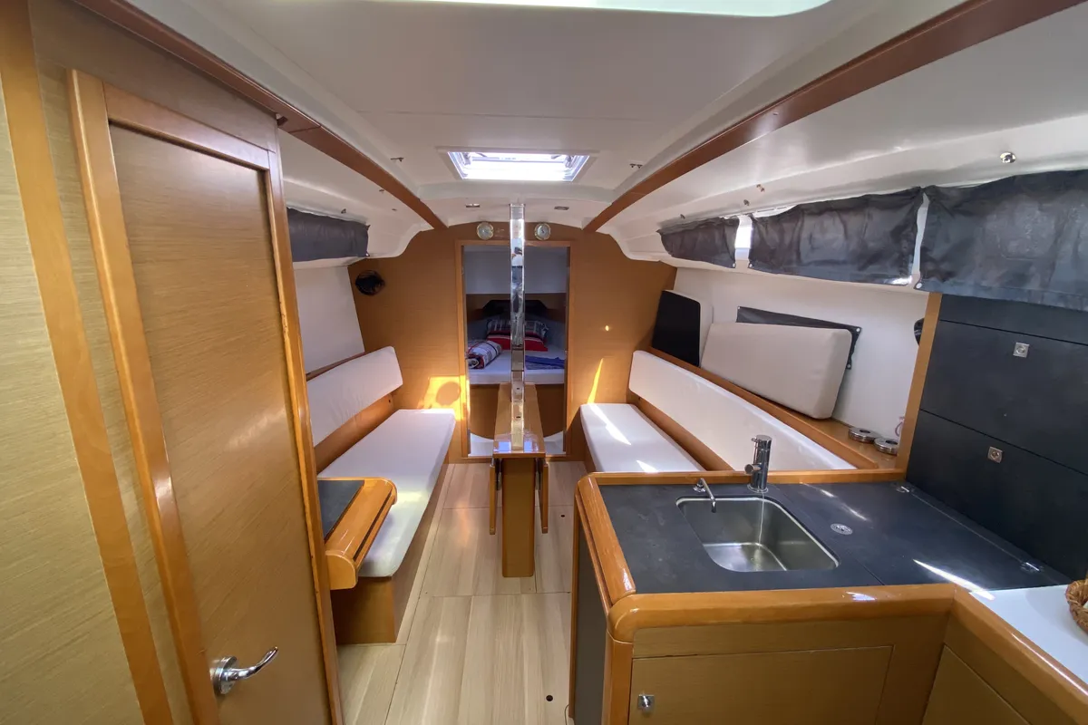 Salon of Blue Dreams, a Jeanneau Sun Odyssey 349 sailboat at Fethiye, Turkey