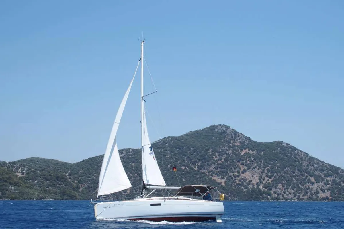 Exterior view of Blue Dreams, a Jeanneau Sun Odyssey 349 sailboat at Fethiye, Turkey