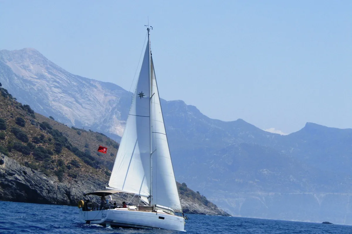 Exterior view of Blue Dreams, a Jeanneau Sun Odyssey 349 sailboat at Fethiye, Turkey