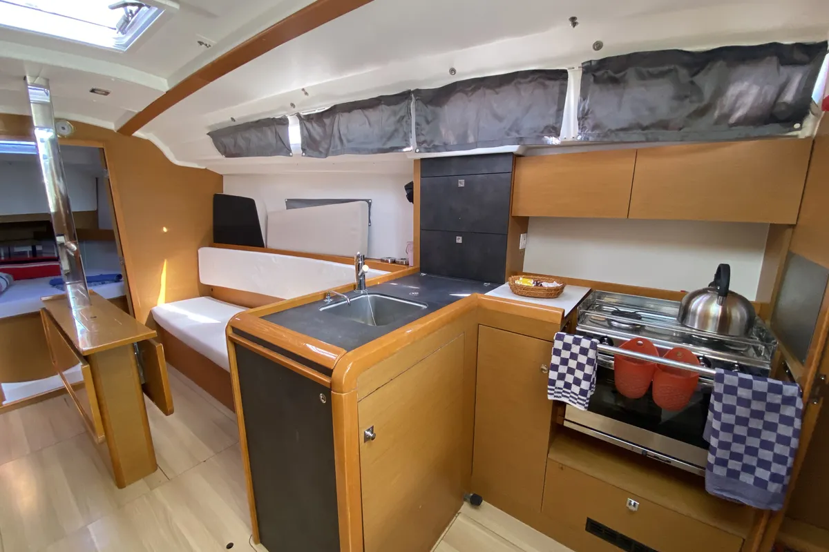 Galley of Blue Dreams, a Jeanneau Sun Odyssey 349 sailboat at Fethiye, Turkey
