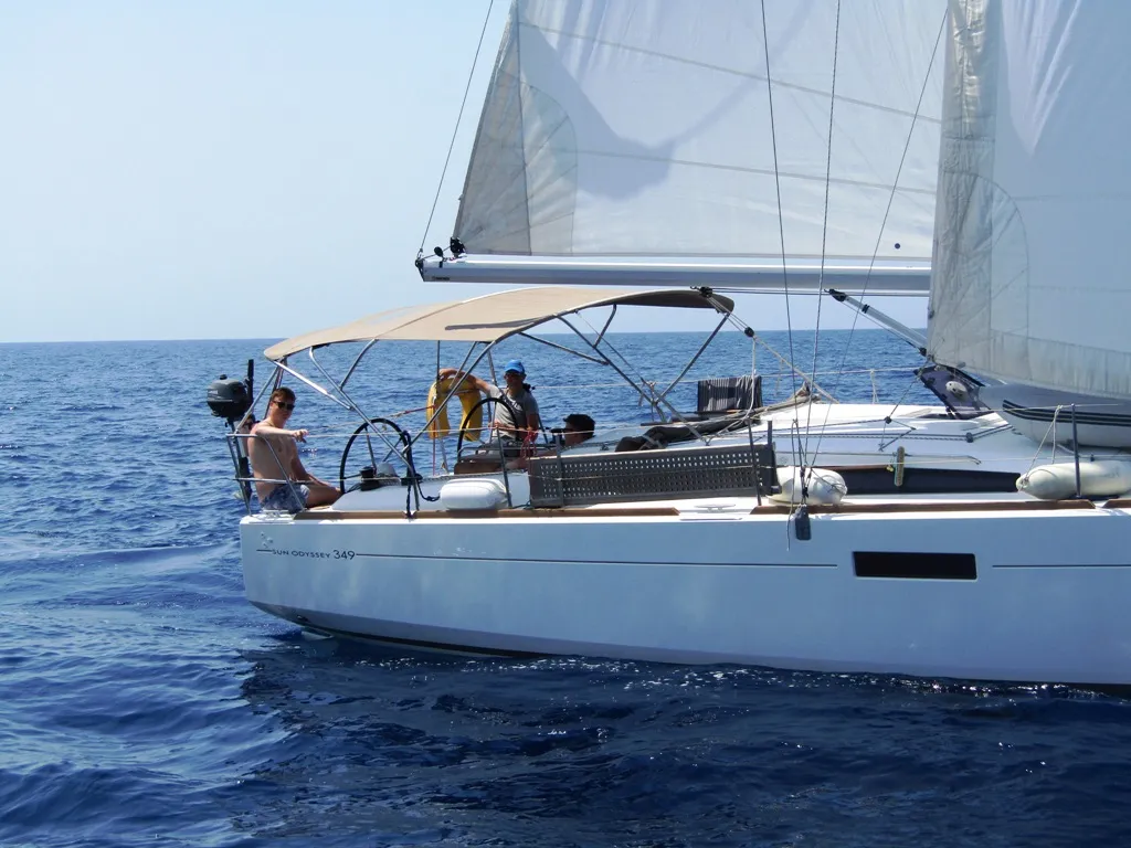 Exterior view of Blue Dreams, a Jeanneau Sun Odyssey 349 sailboat at Fethiye, Turkey