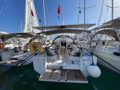 Deck of Blue Dreams, a Jeanneau Sun Odyssey 349 sailboat at Fethiye, Turkey