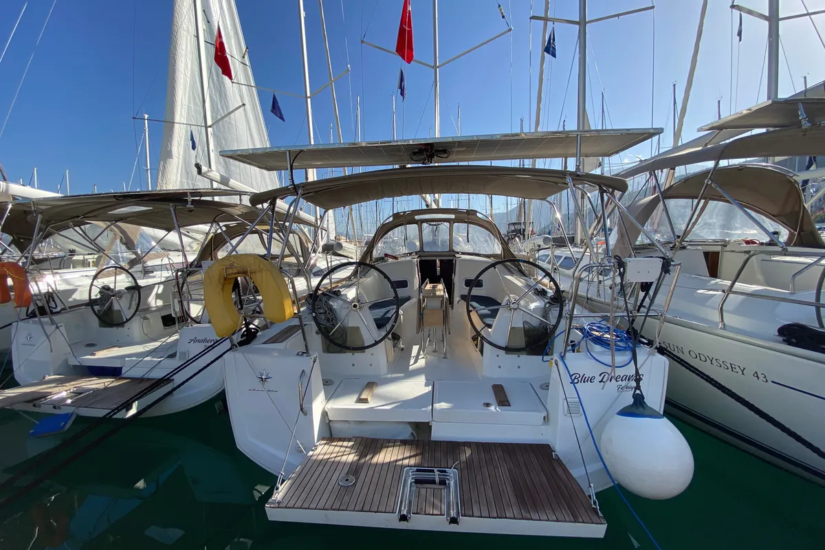 Deck of Blue Dreams, a Jeanneau Sun Odyssey 349 sailboat at Fethiye, Turkey