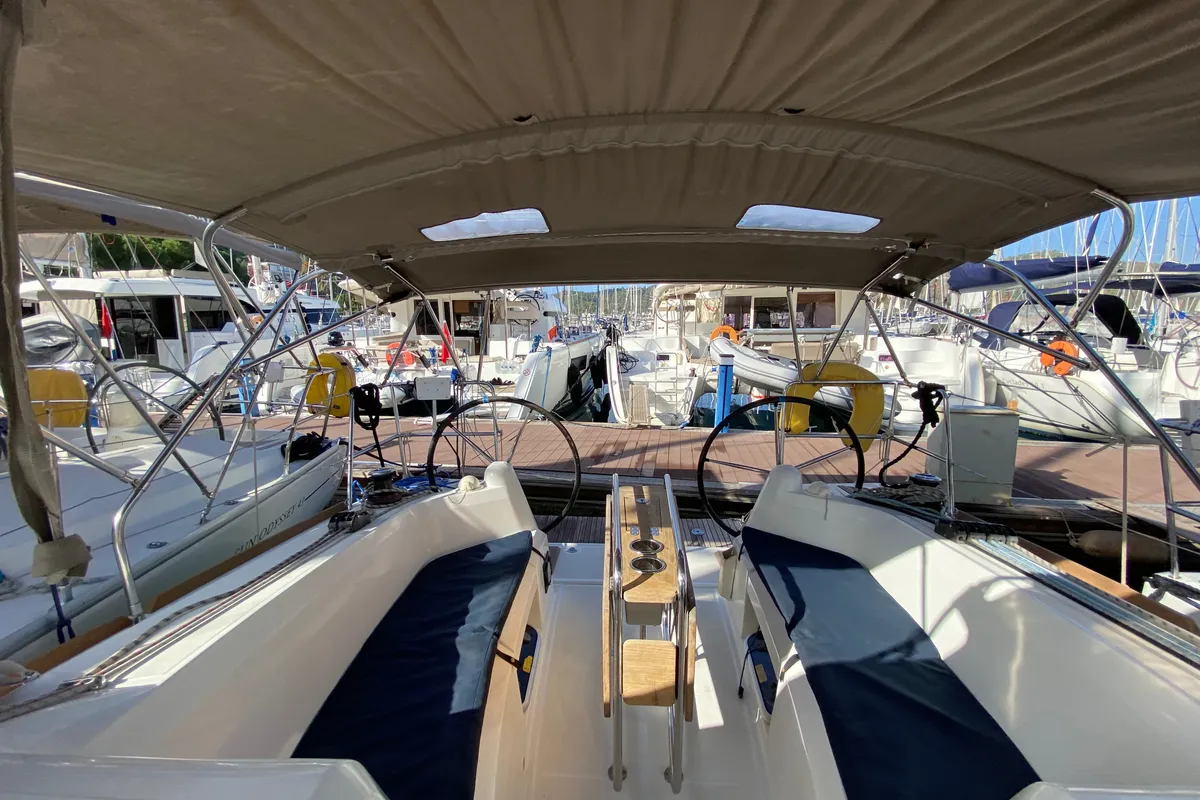 Cockpit of Blue Dreams, a Jeanneau Sun Odyssey 349 sailboat at Fethiye, Turkey