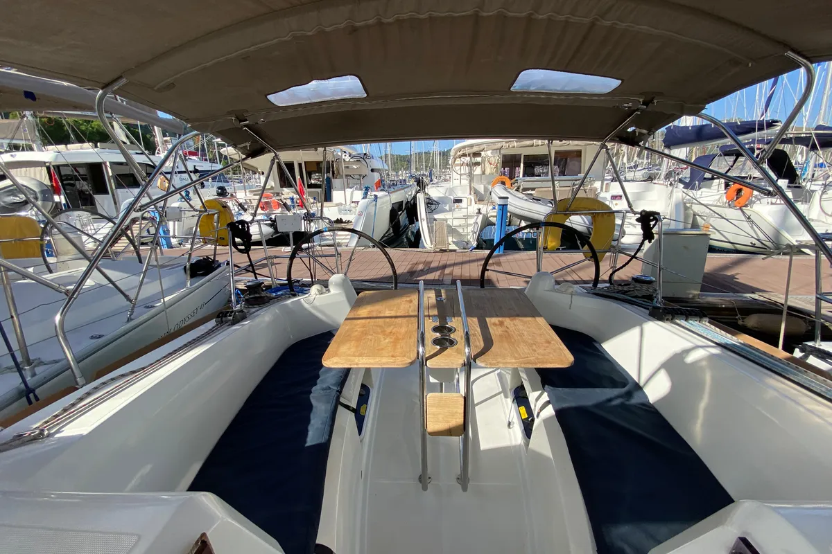 Deck of Blue Dreams, a Jeanneau Sun Odyssey 349 sailboat at Fethiye, Turkey