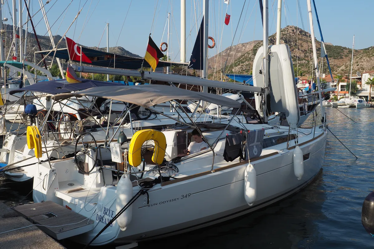 Exterior view of Blue Dreams, a Jeanneau Sun Odyssey 349 sailboat at Fethiye, Turkey