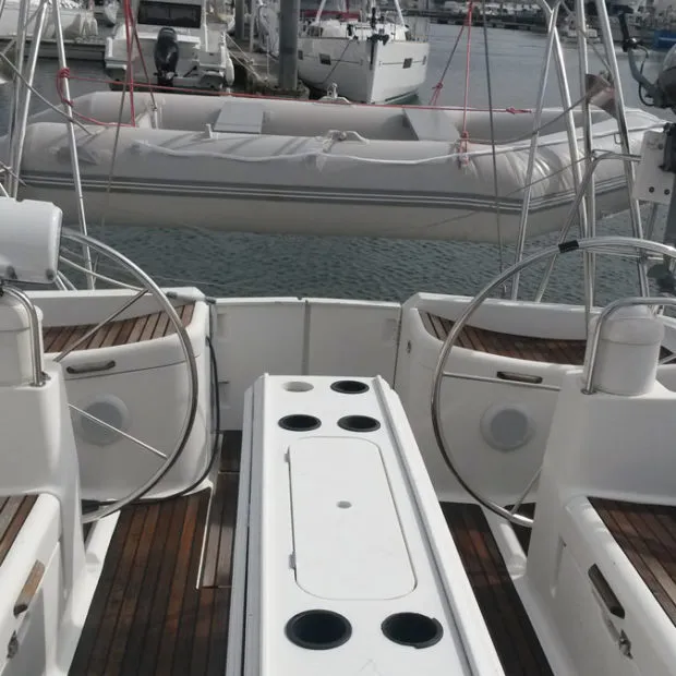 Cockpit of Bourlingueur, a Jeanneau Sun Odyssey 45.2 sailboat at Kerners, France