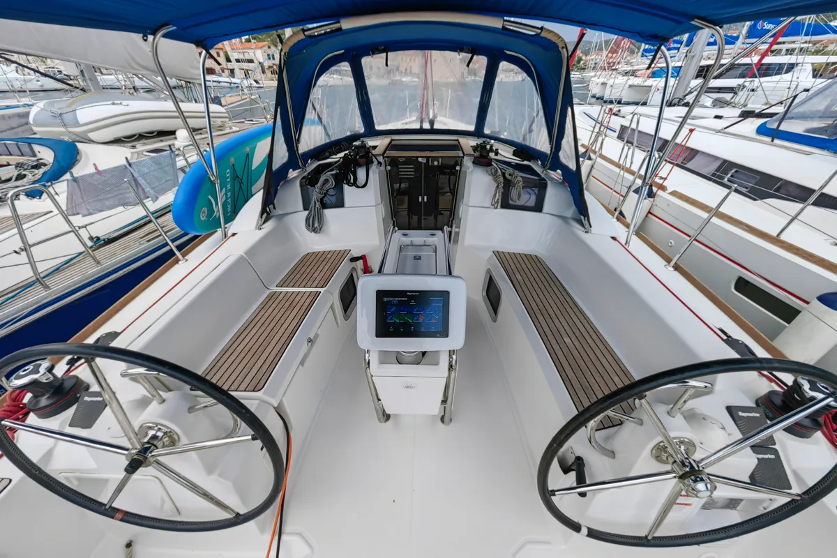 Cockpit of Islanders, a Jeanneau Sun Odyssey 389 sailboat at Mali Lošinj, Croatia