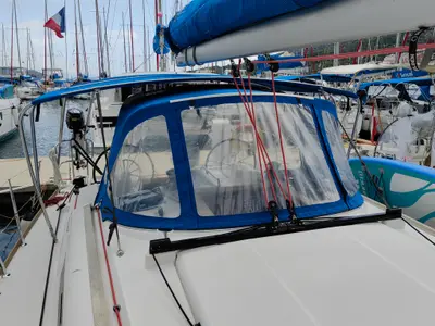 Deck of Islanders, a Jeanneau Sun Odyssey 389 sailboat at Mali Lošinj, Croatia
