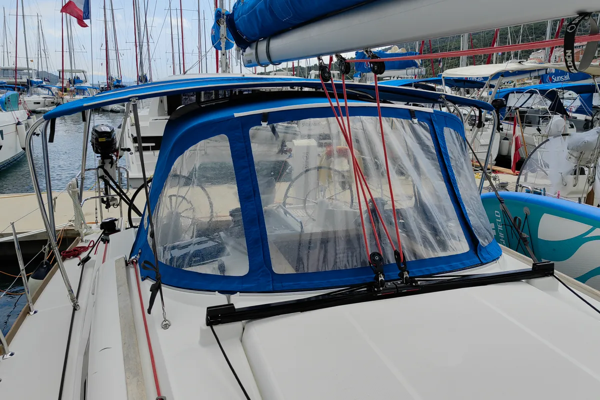 Deck of Islanders, a Jeanneau Sun Odyssey 389 sailboat at Mali Lošinj, Croatia