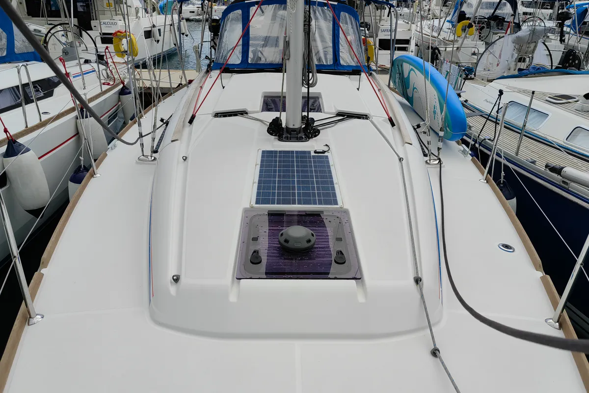 Deck of Islanders, a Jeanneau Sun Odyssey 389 sailboat at Mali Lošinj, Croatia