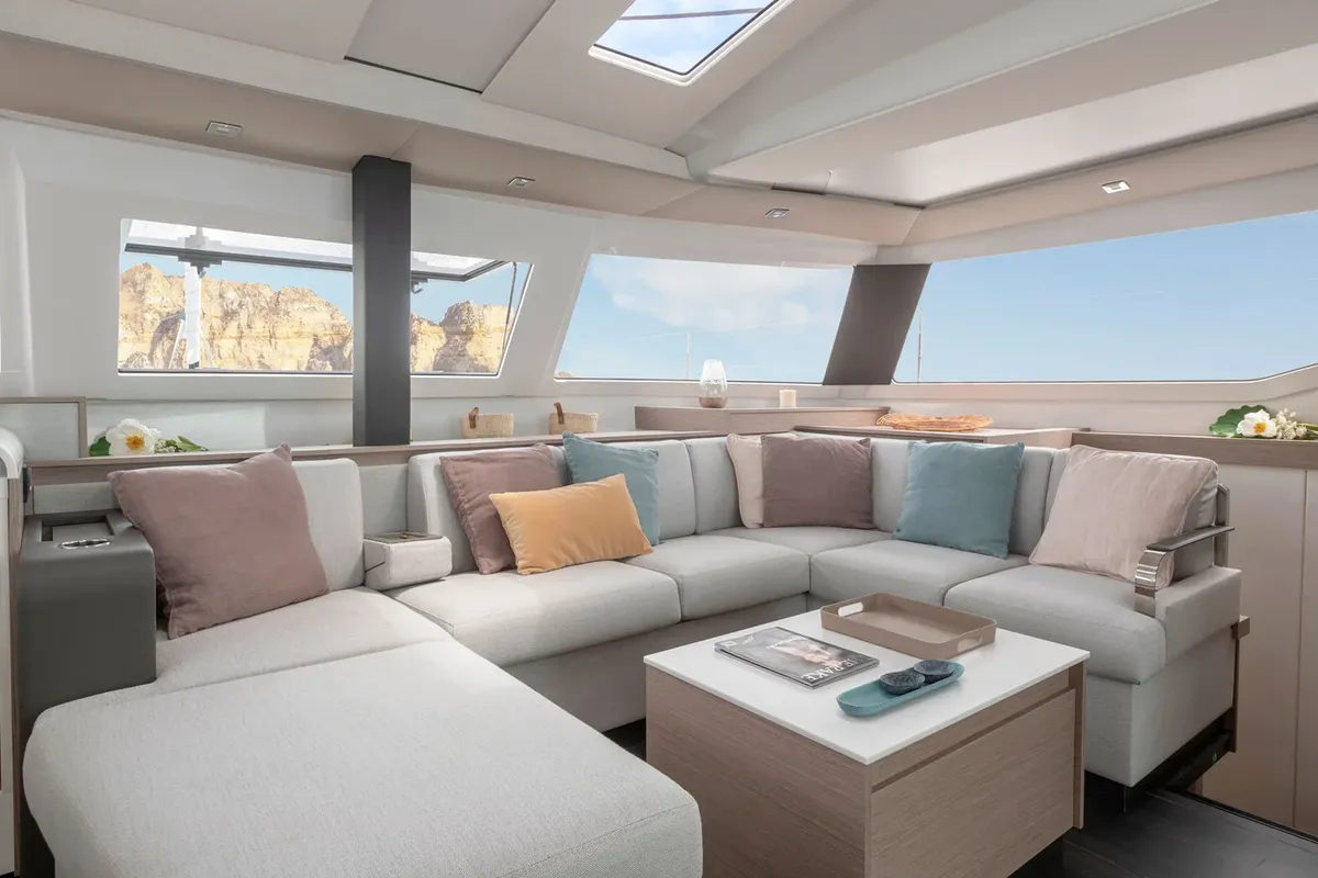 Salon of BLU DOLPHIN, a Fountaine Pajot Elba 45 catamaran at Capo d'Orlando, Italy