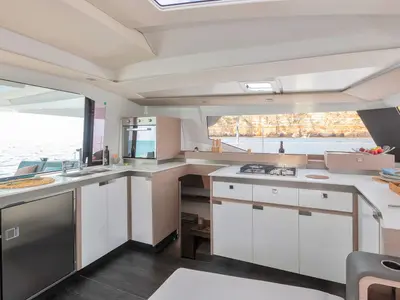 Galley of BLU DOLPHIN, a Fountaine Pajot Elba 45 catamaran at Capo d'Orlando, Italy