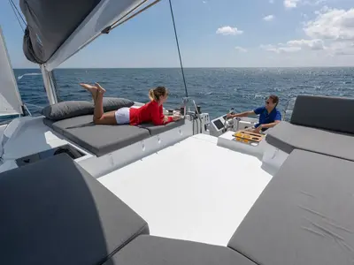 Cockpit of BLU DOLPHIN, a Fountaine Pajot Elba 45 catamaran at Capo d'Orlando, Italy